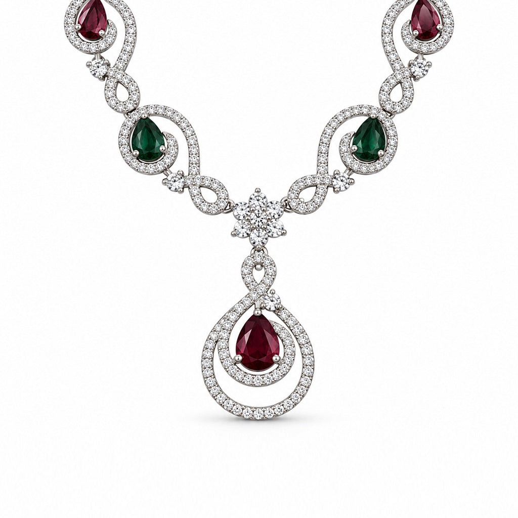 Women's Elegant Silver-Toned Red & Green Stone-Necklace