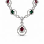 Women's Elegant Silver-Toned Red & Green Stone-Necklace