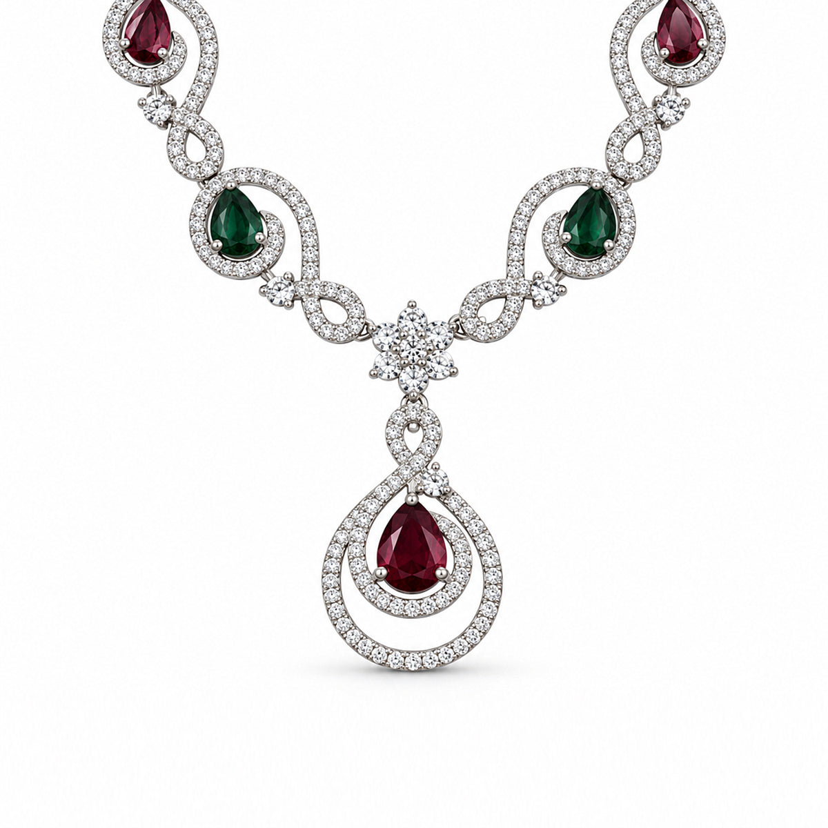 Women's Elegant Silver-Toned Red & Green Stone-Necklace