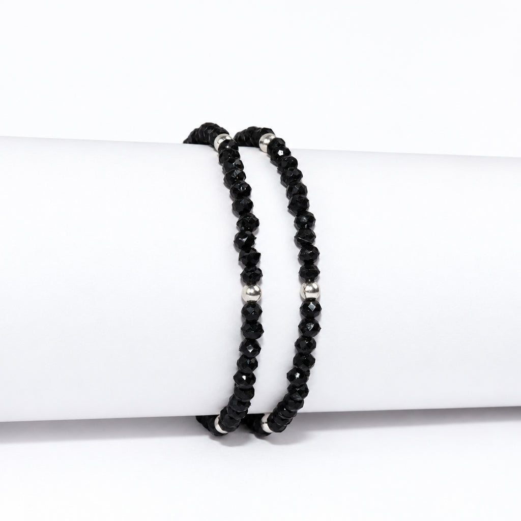 Women's Black Beaded Anklet Set with Silver-Tone Accents