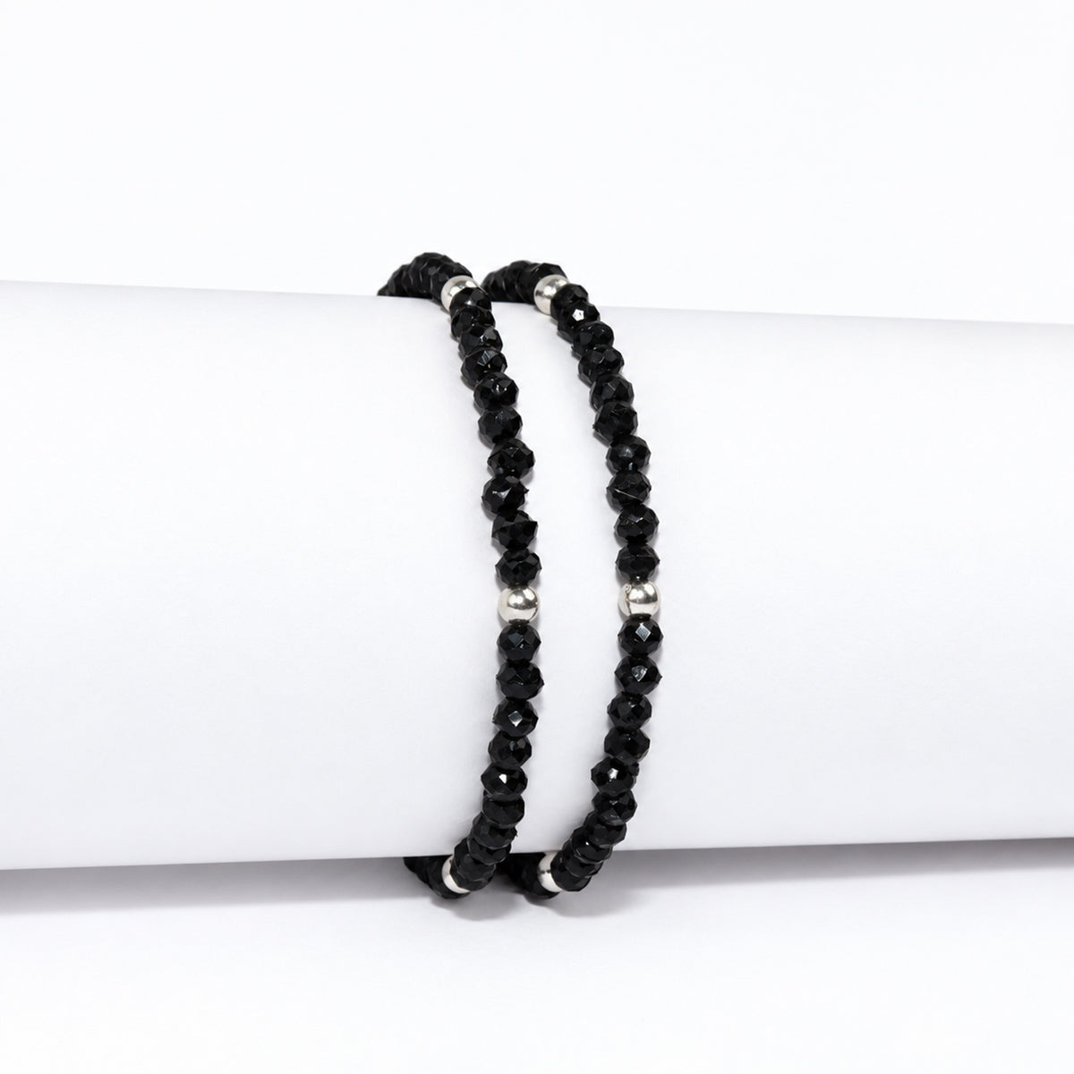 Women's Black Beaded Anklet Set with Silver-Tone Accents