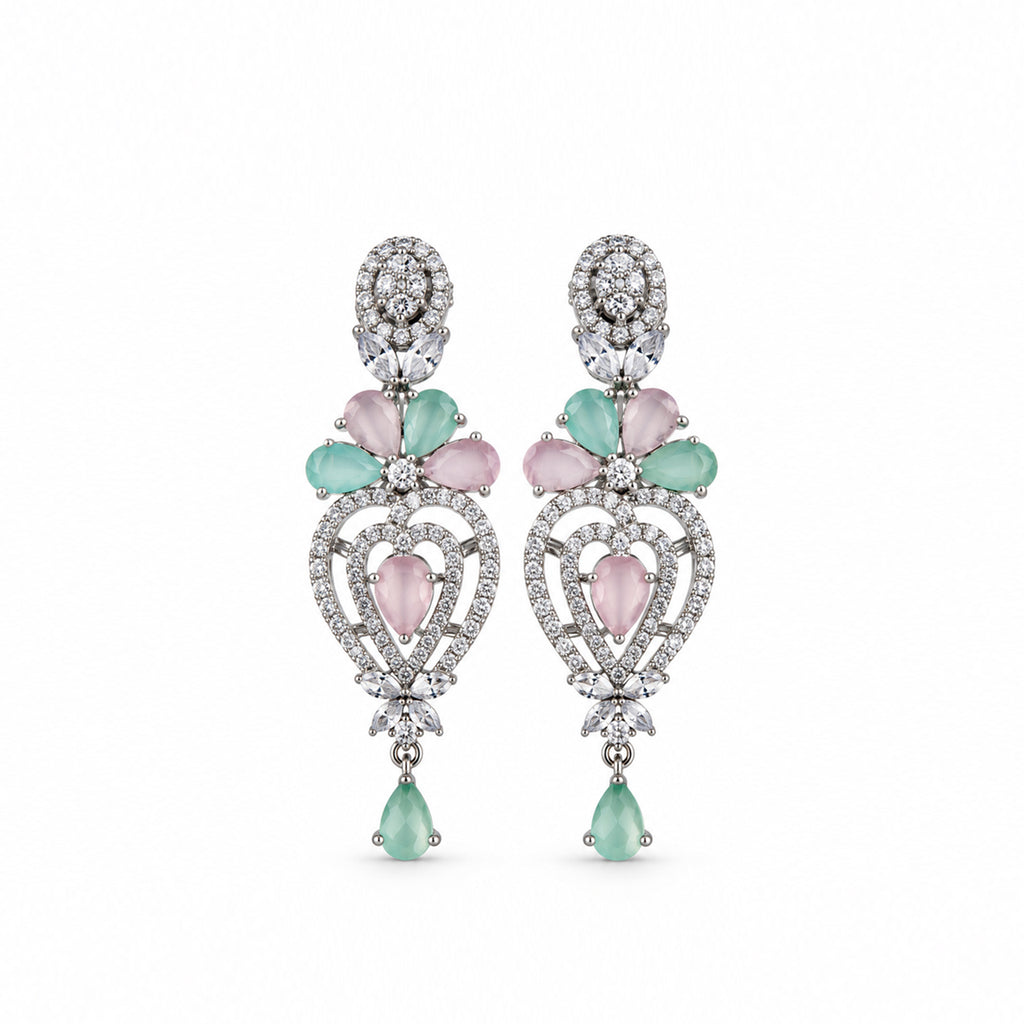 Silver-Toned Pink & Green Stone-Studded Leaf Design Necklace