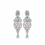 Silver-Toned Pink & Green Stone-Studded Leaf Design Necklace