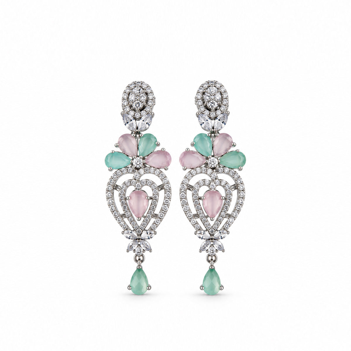 Silver-Toned Pink & Green Stone-Studded Leaf Design Necklace