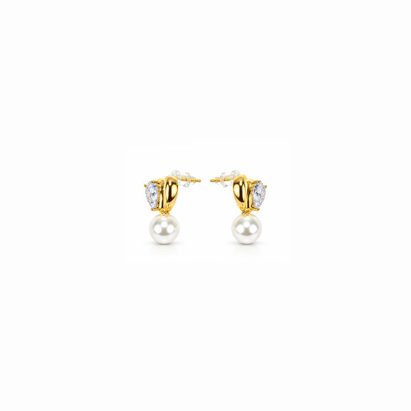 Women's Gold-Toned Crystal Studded Heart-Shaped Pearl Drop Earrings