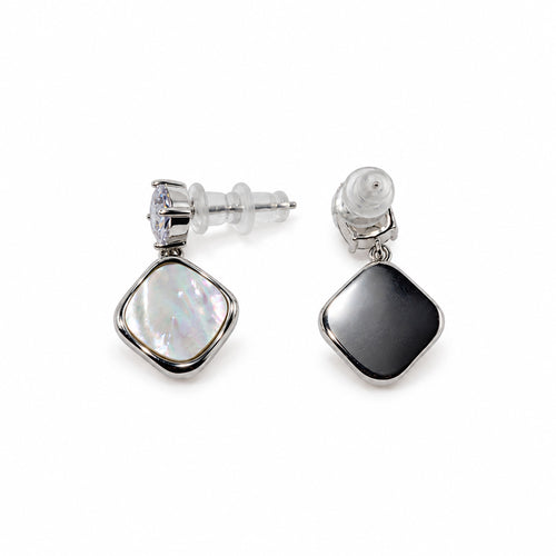 Elegant Silver-Toned Crystal Stud & Mother-of-Pearl Drop Earrings