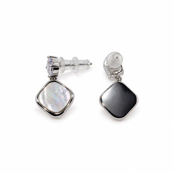 Elegant Silver-Toned Crystal Stud & Mother-of-Pearl Drop Earrings