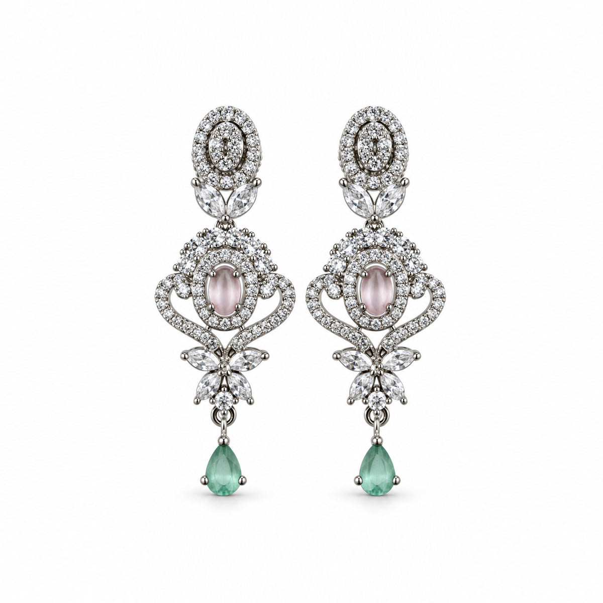 Silver-Toned Pink & Green Stone-Studded Necklace