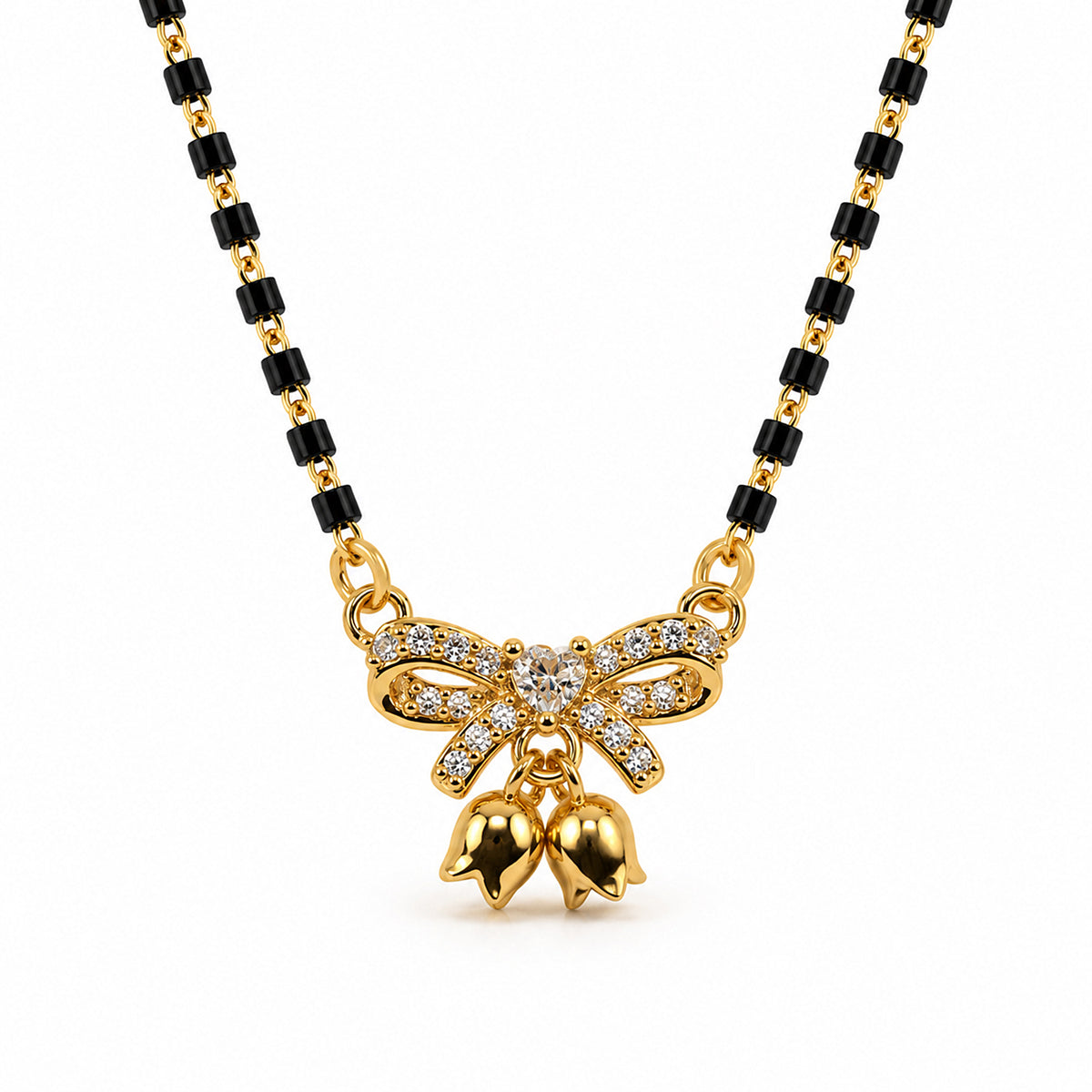 Gold-Toned Black Beaded Mangalsutra Butterfly AD