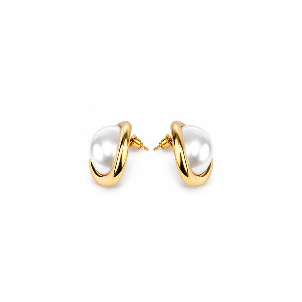 Women's Gold-Toned Oval White Pearl-Effect Statement Stud Earrings