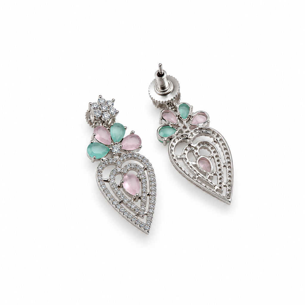 Silver-Toned Pink & Green Stone-Studded Leaf Design Necklace