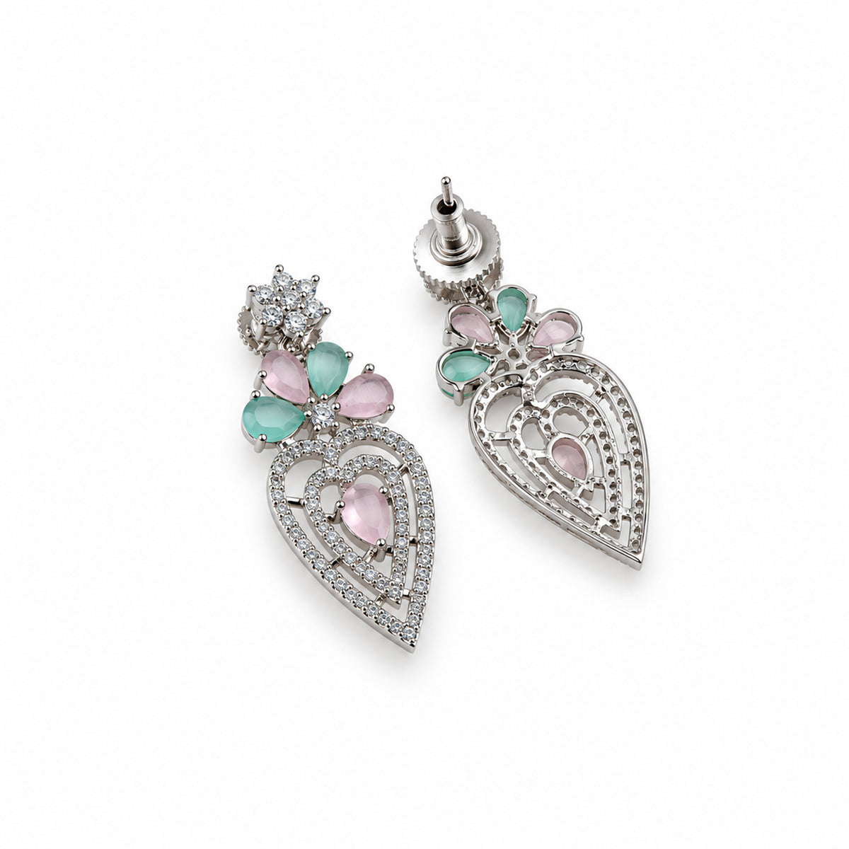 Silver-Toned Pink & Green Stone-Studded Leaf Design Necklace