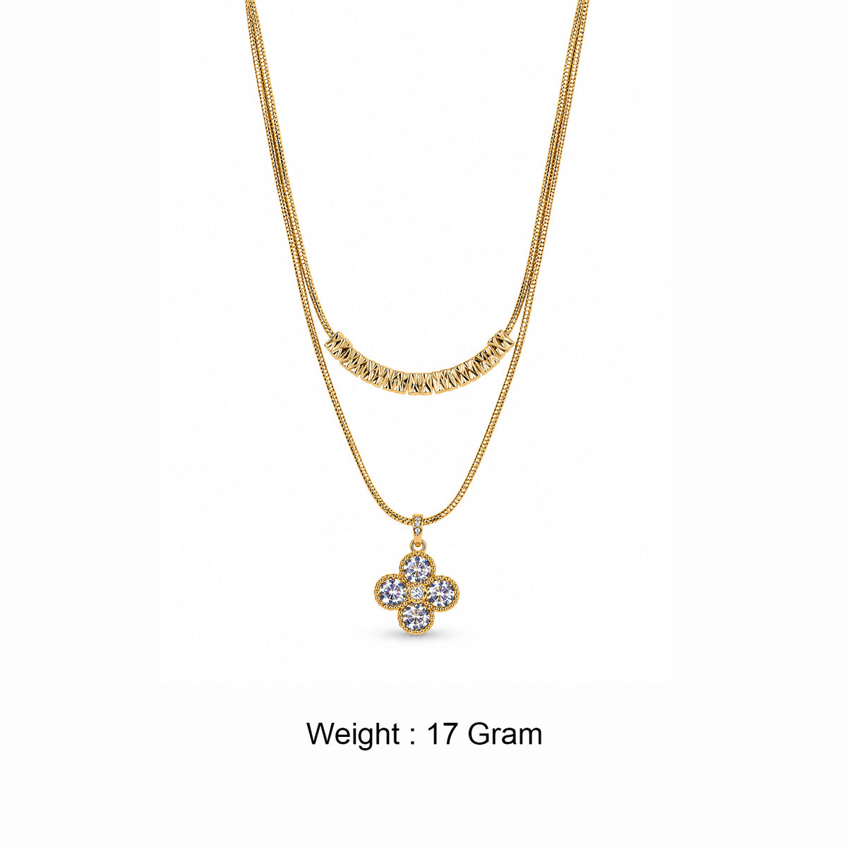 Women's Gold-Toned Double-Layered White Stone-Studded Floral Pendant Necklace