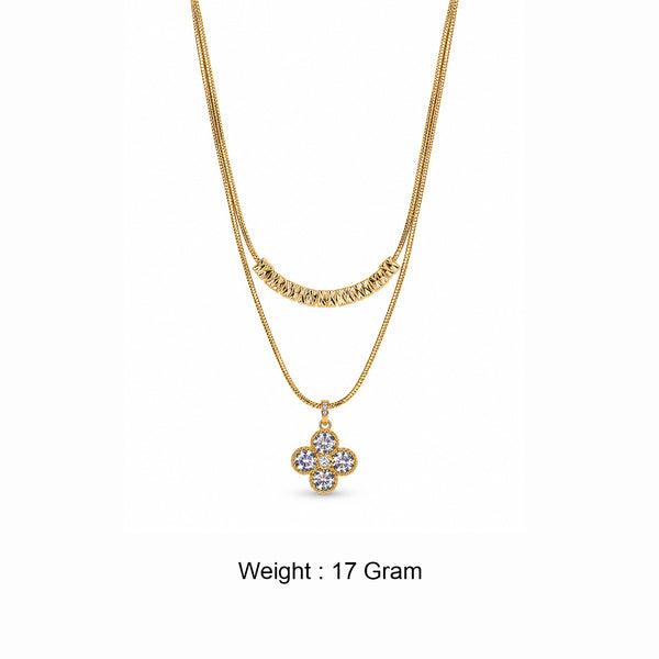Women's Gold-Toned Double-Layered White Stone-Studded Floral Pendant Necklace