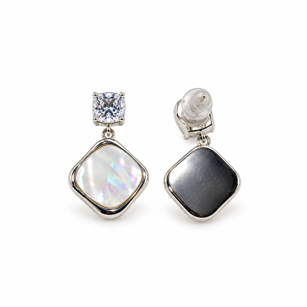 Silver-Toned Crystal Studded Mother of Pearl Look Geometric Drop Earrings