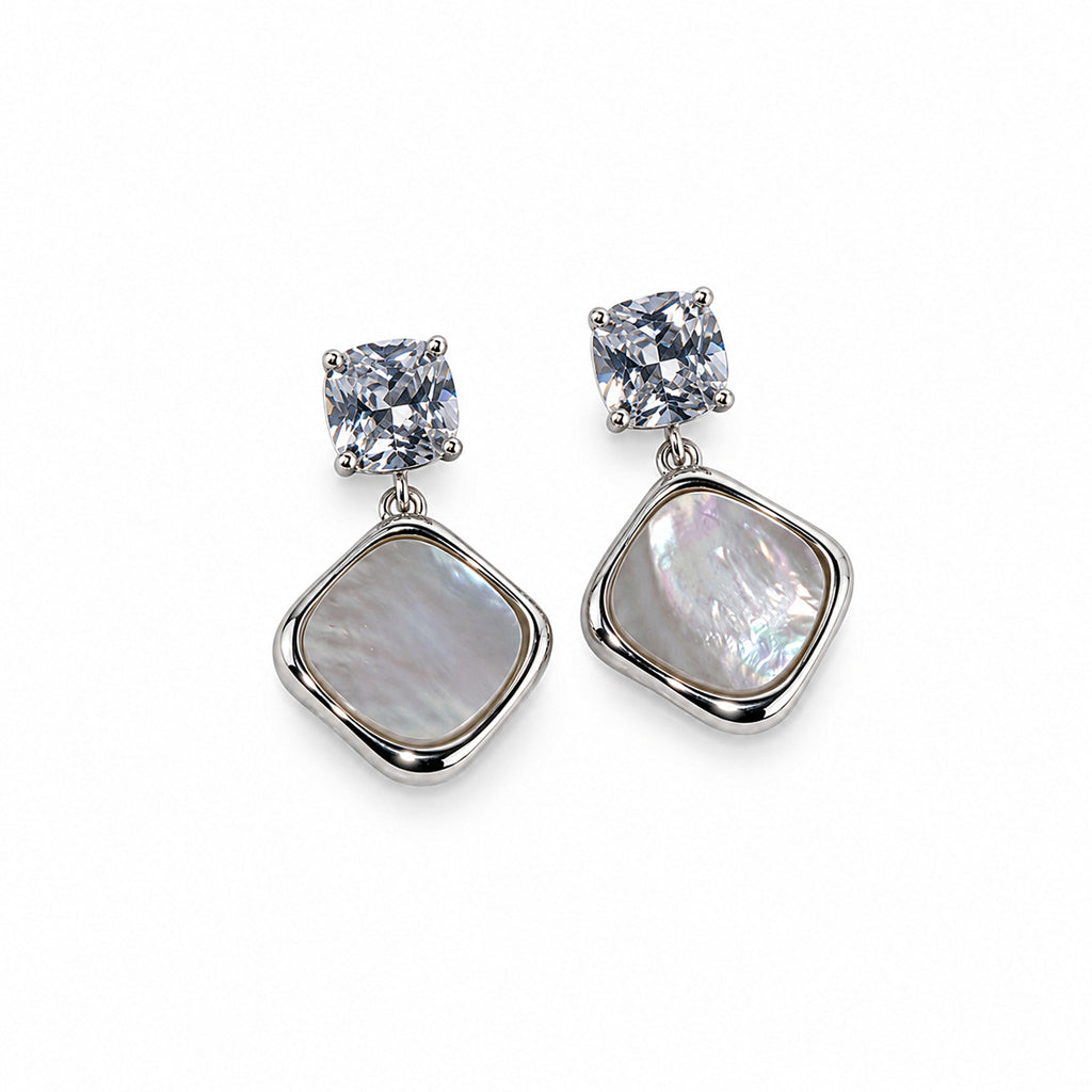 Elegant Silver-Toned Crystal Stud & Mother-of-Pearl Drop Earrings