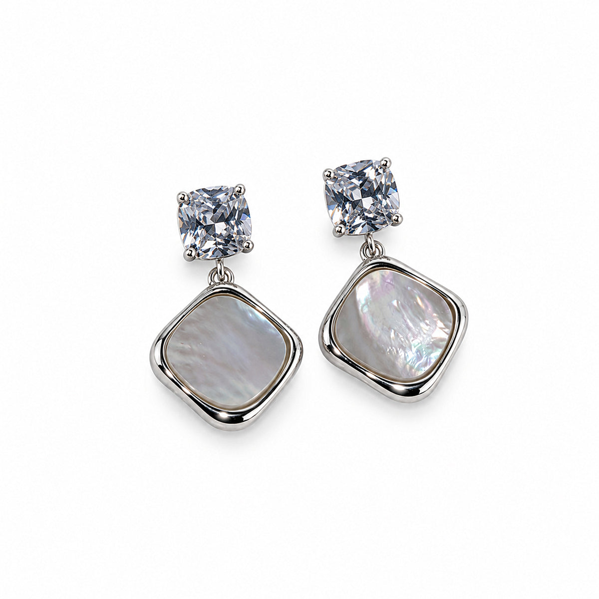 Elegant Silver-Toned Crystal Stud & Mother-of-Pearl Drop Earrings