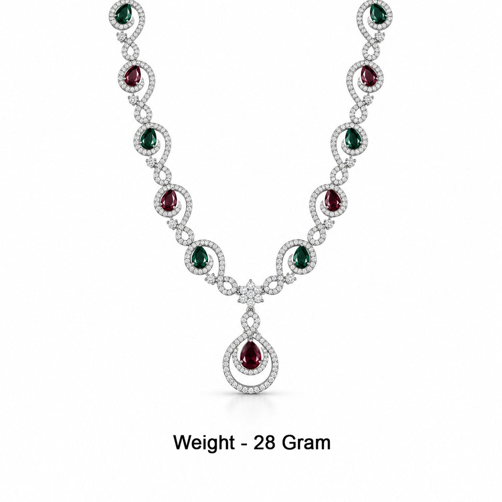 Women's Elegant Silver-Toned Red & Green Stone-Necklace