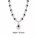 Women's Elegant Silver-Toned Red & Green Stone-Necklace