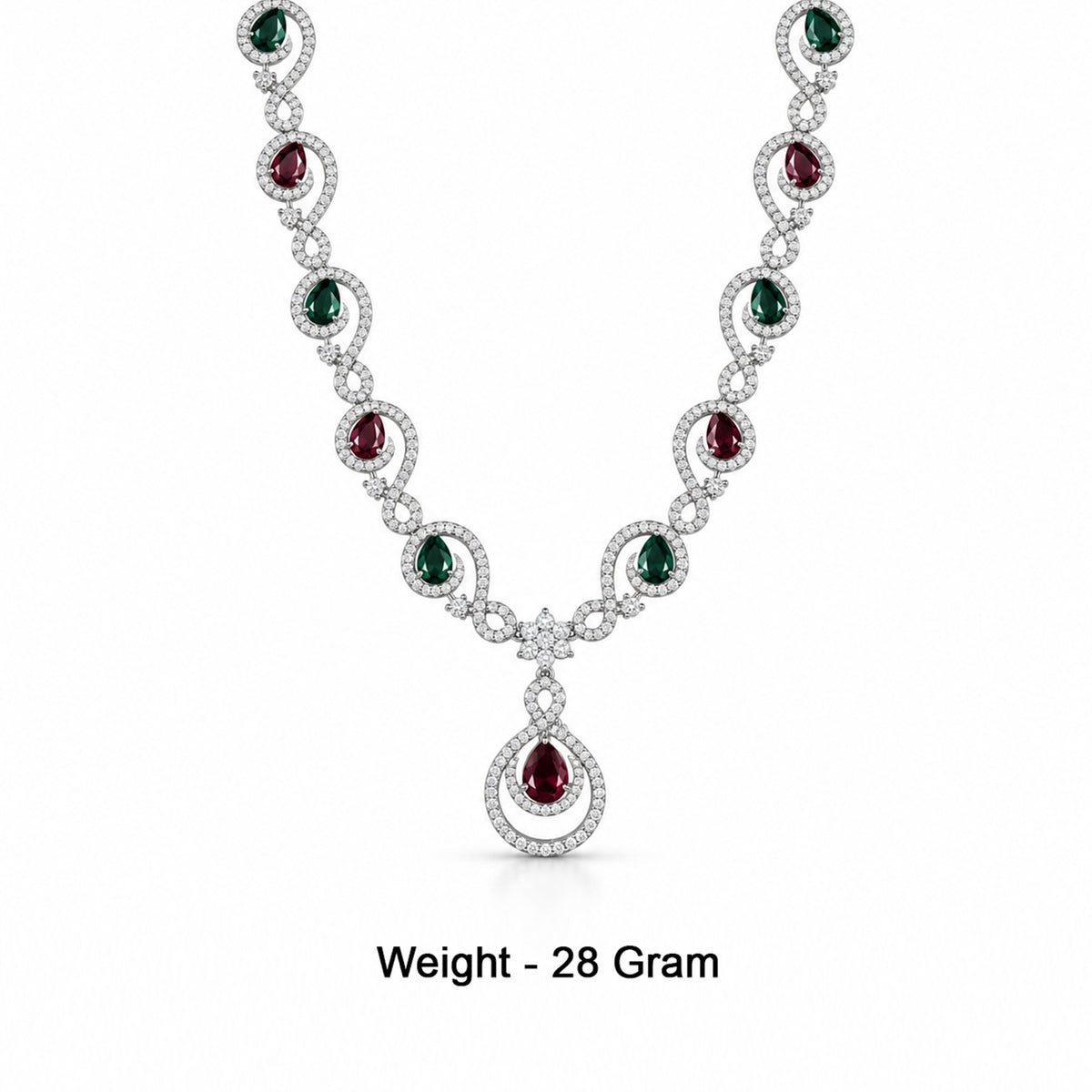 Women's Elegant Silver-Toned Red & Green Stone-Necklace