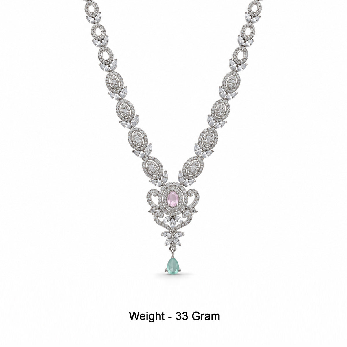 Silver-Toned Pink & Green Stone-Studded Necklace