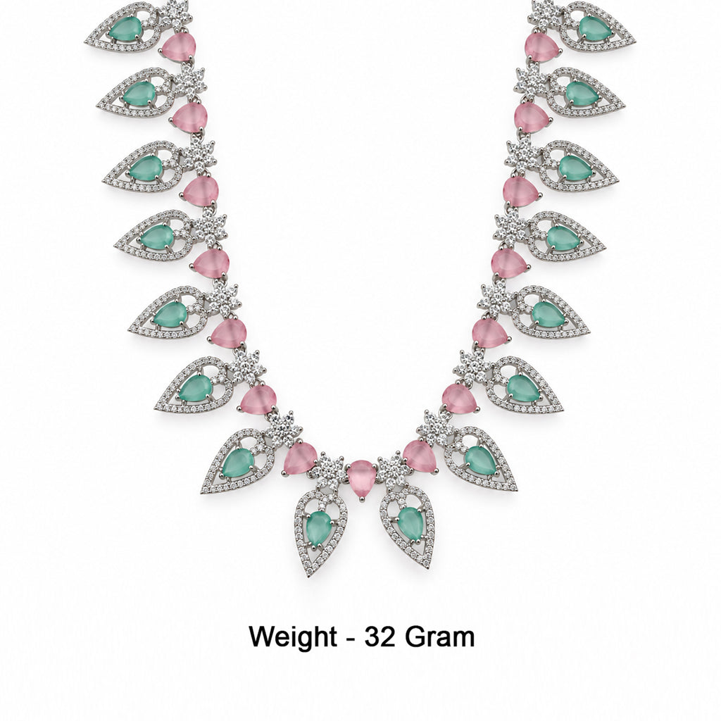 Silver-Toned Pink & Green Stone-Studded Leaf Design Necklace
