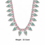 Silver-Toned Pink & Green Stone-Studded Leaf Design Necklace