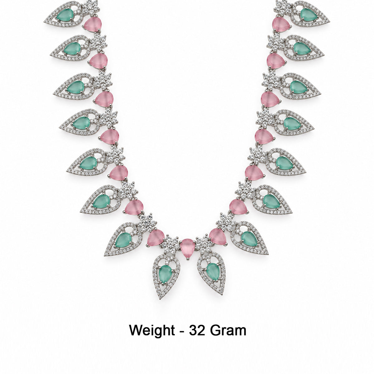 Silver-Toned Pink & Green Stone-Studded Leaf Design Necklace