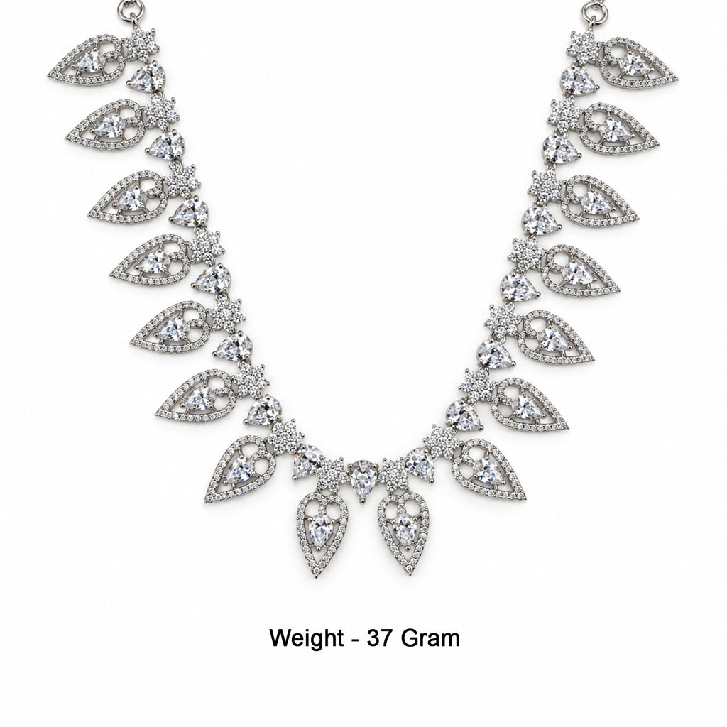 Silver-Toned American Diamond Leaf Drop Necklace