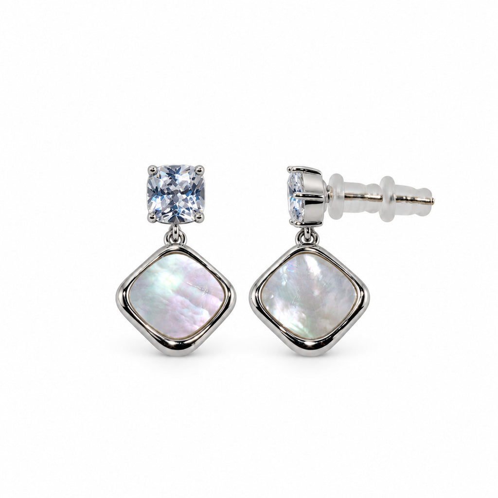 Silver-Toned Crystal Studded Mother of Pearl Look Geometric Drop Earrings