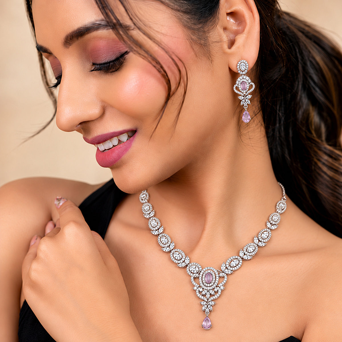 Women's Elegant Silver-Toned Pink  Necklace