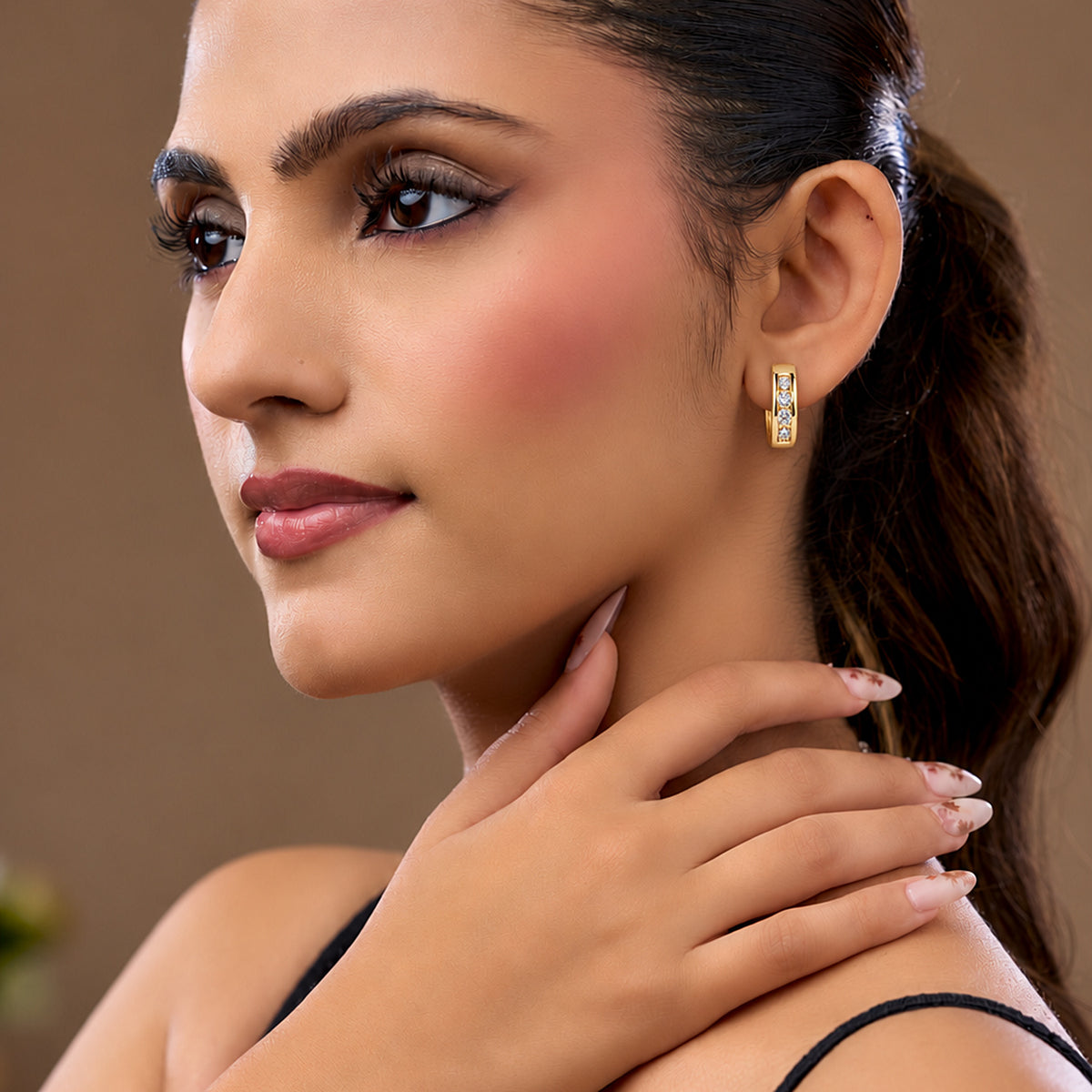 Gold-Toned Crystal Studded Rectangular Huggie Hoop Earrings