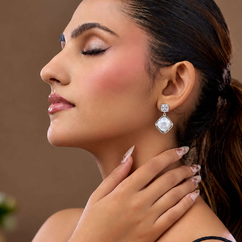 Elegant Silver-Toned Crystal Stud & Mother-of-Pearl Drop Earrings