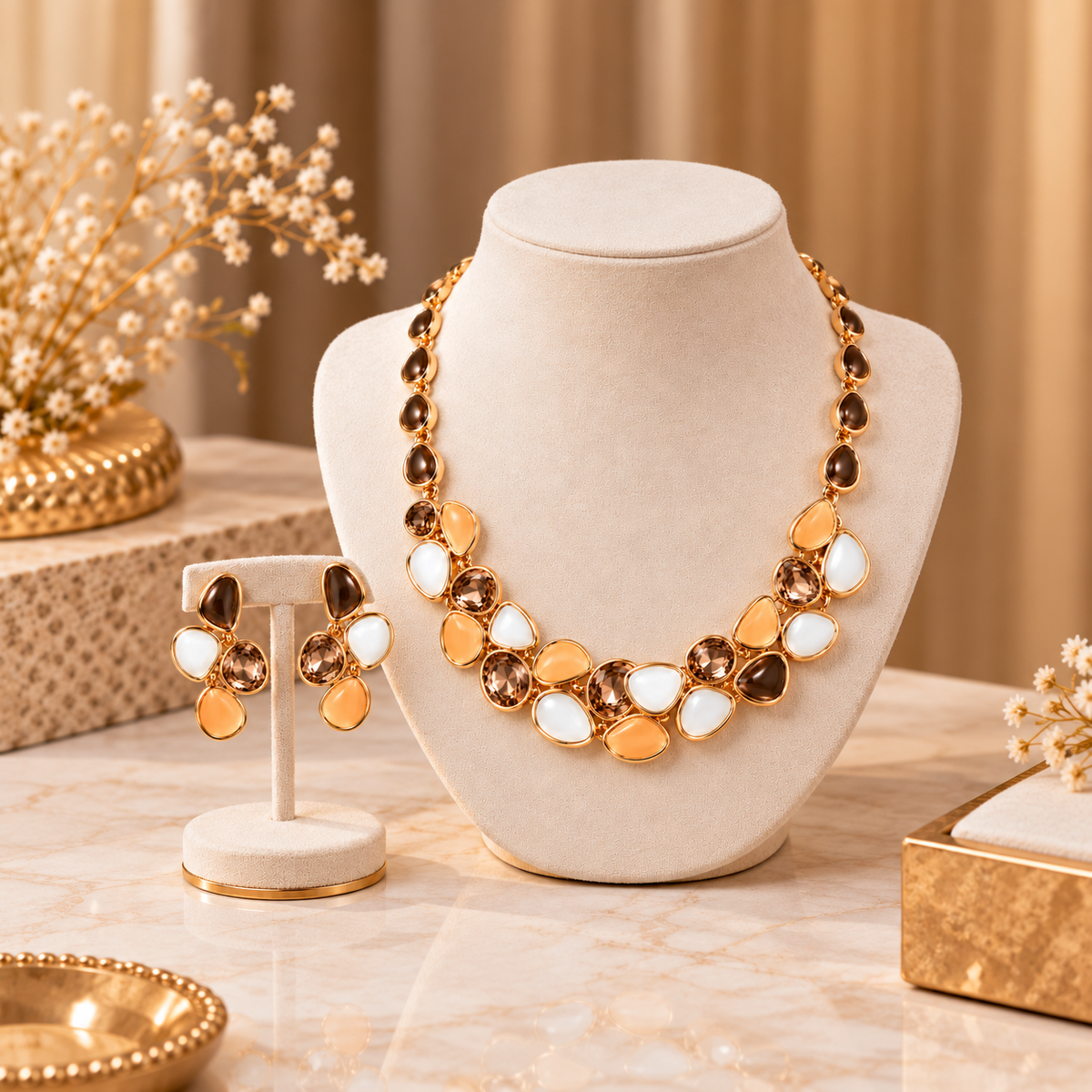 Elegant Gold-Toned Multicolour Stone-Studded Necklace & Earrings
