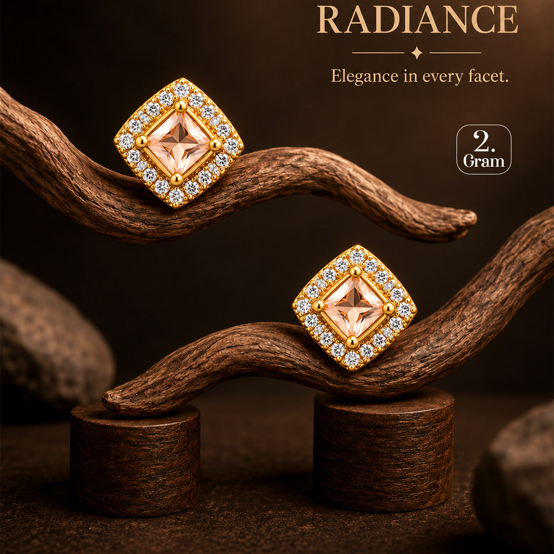 Gold Peach Crystal Square Stud Earrings
