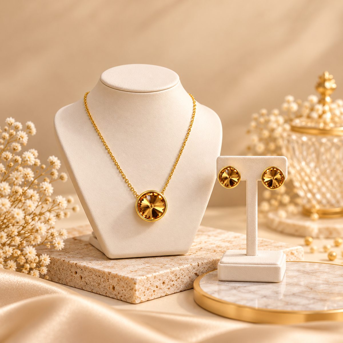 Gold-Toned Round Crystal Pendant Necklace & Stud Earrings Jewellery