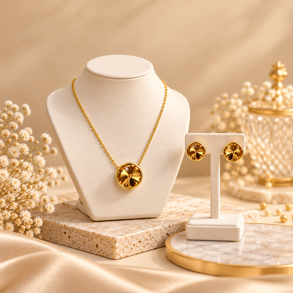 Gold-Toned Round Crystal Pendant Necklace & Stud Earrings Jewellery