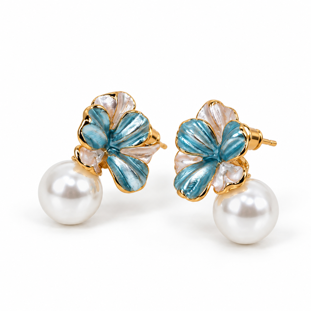 Blue Floral Pearl Drop Earrings