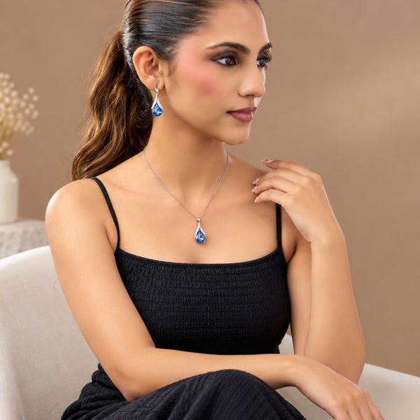 SILVER TONE BLUE CRYSTAL TEARDROP NECKLACE SET