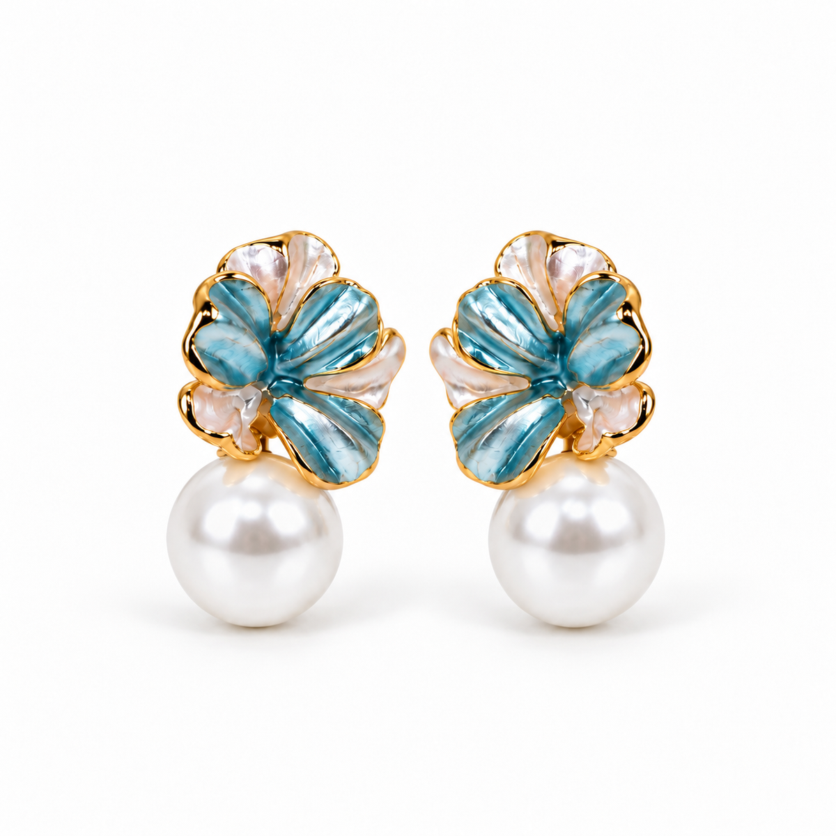 Blue Floral Pearl Drop Earrings