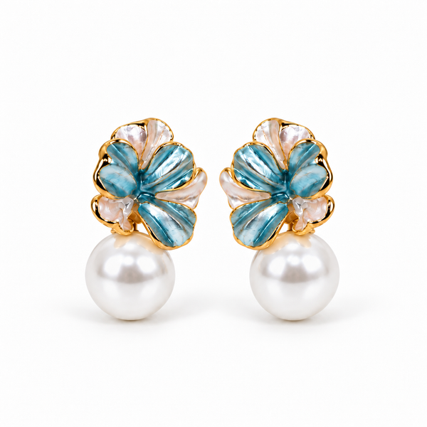 Blue Floral Pearl Drop Earrings