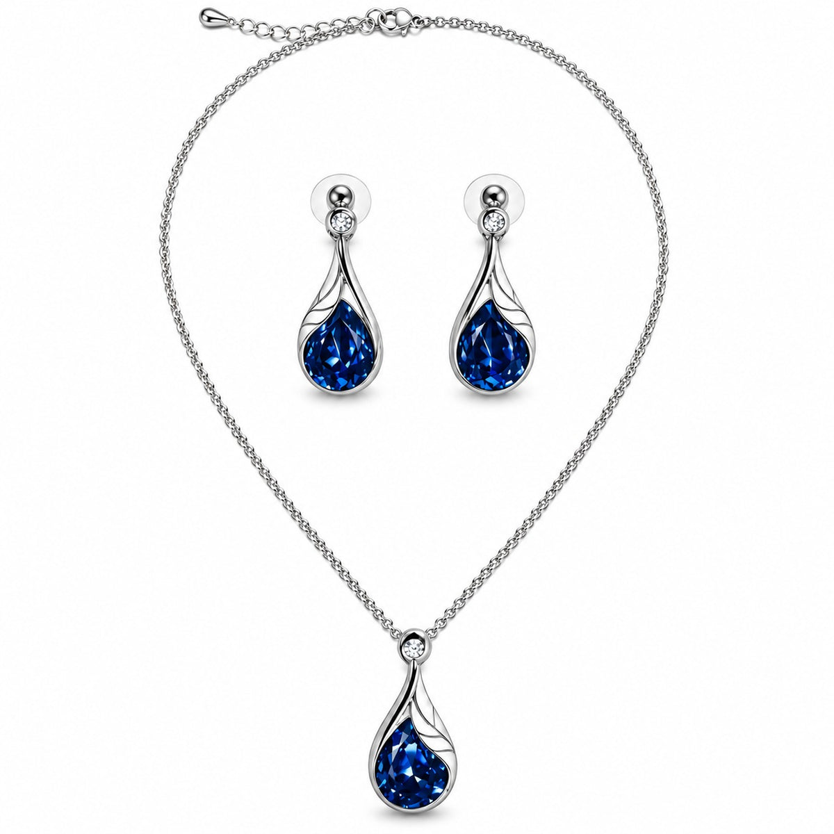 SILVER TONE BLUE CRYSTAL TEARDROP NECKLACE SET