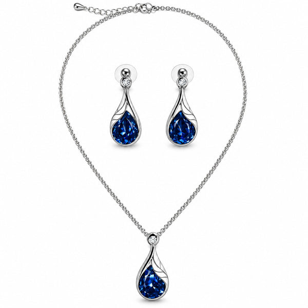 SILVER TONE BLUE CRYSTAL TEARDROP NECKLACE SET