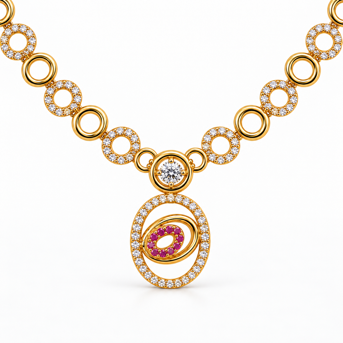 Gold Ruby Stone Necklace & Earrings Set
