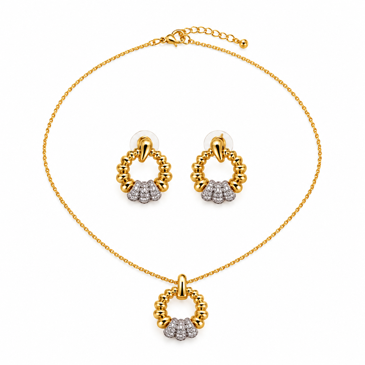 Gold-Toned & Silver-Toned Beaded Circular Pendant Necklace and Earrings Jewellery