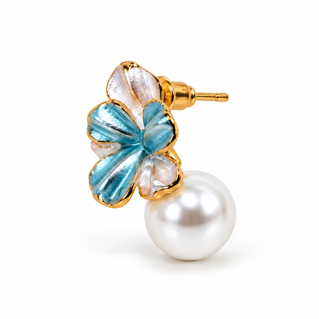 Blue Floral Pearl Drop Earrings
