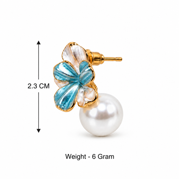 Blue Floral Pearl Drop Earrings