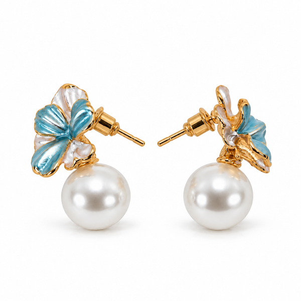 Blue Floral Pearl Drop Earrings