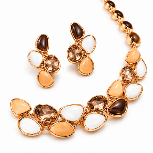 Elegant Gold-Toned Multicolour Stone-Studded Necklace & Earrings