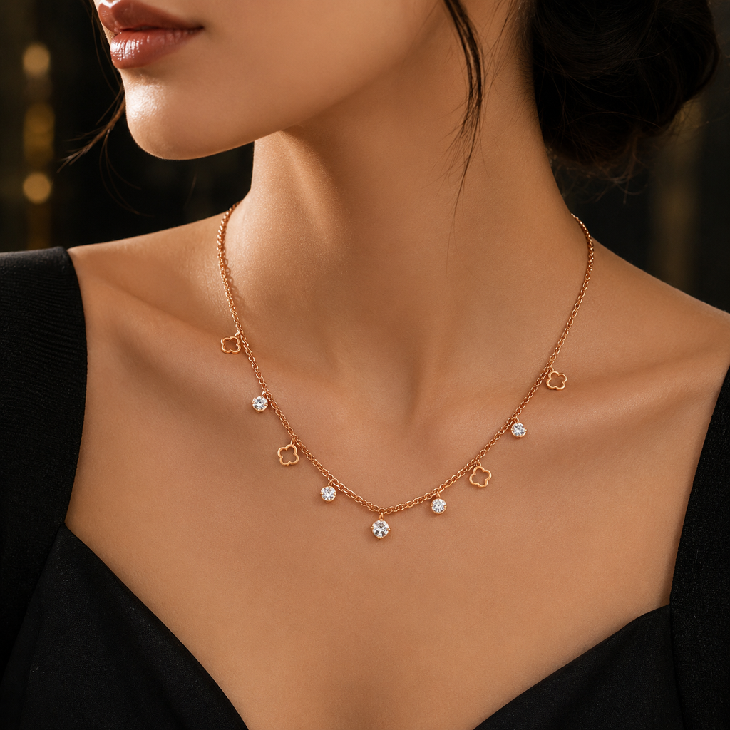 Clover Charm Gold-Tone Necklace for Women – Minimal Crystal Station Chain for Daily Wear & Gifting